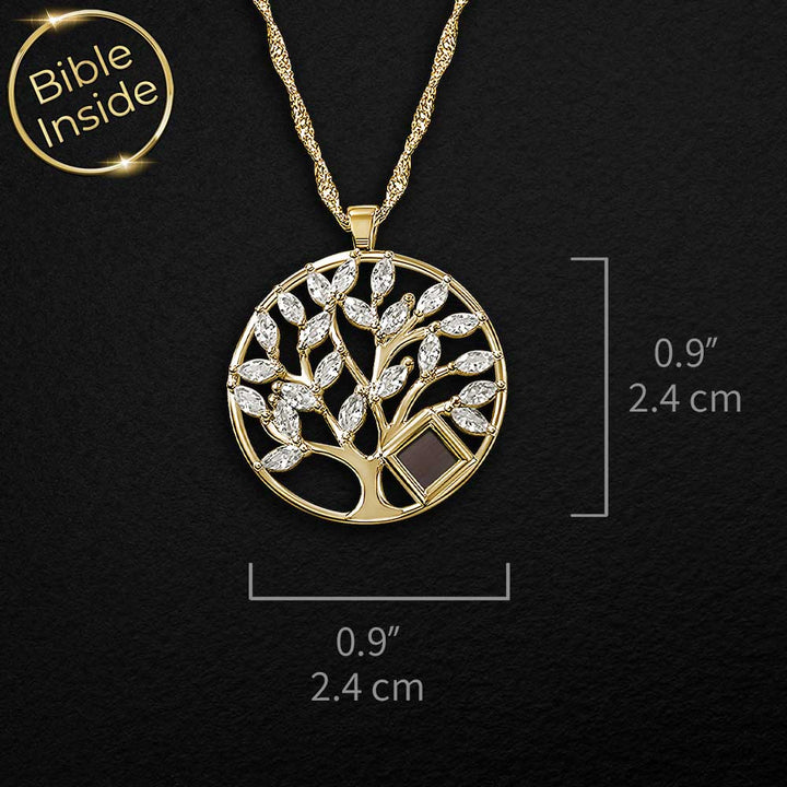 Cute Valentine's Day gift idea – gold tree of life necklace with scripture inside