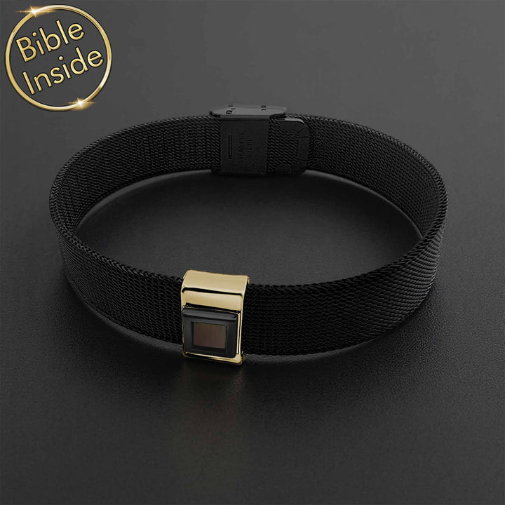 Idea for Valentine’s day gift minimalist Christian bracelet, black strap