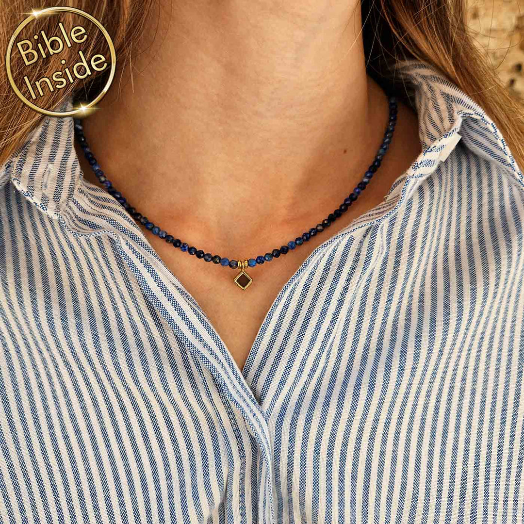 Christian necklace with lapis stone and Bible inside, idea for valentine's day gift