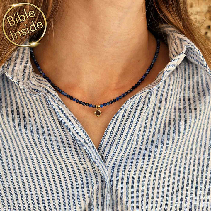 Christian necklace with lapis stone and Bible inside, idea for valentine's day gift