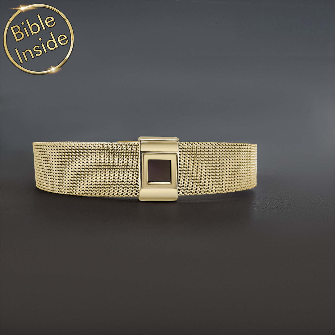 Valentine's day idea for your boyfriend – minimalist gold bracelet with Holy Bible chip