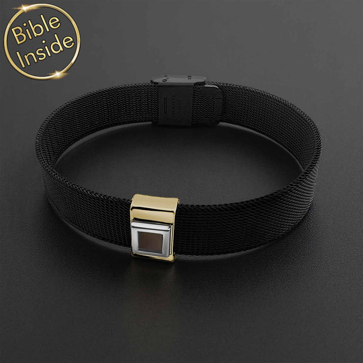 Idea for Valentine’s day gift black finish bracelet with miniature Bible