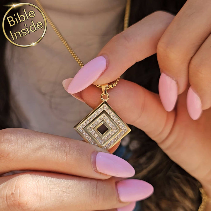 Idea for Valentines day present minimalist square nano Bible necklace in gold tone