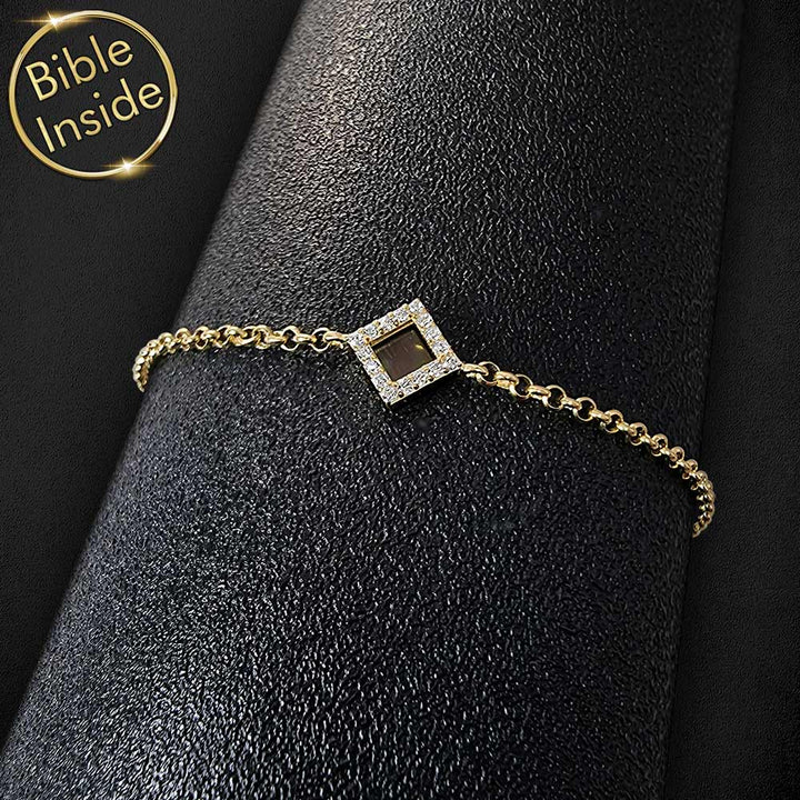 Valentine's day present idea for her — polished gold bracelet with miniature Bible chip