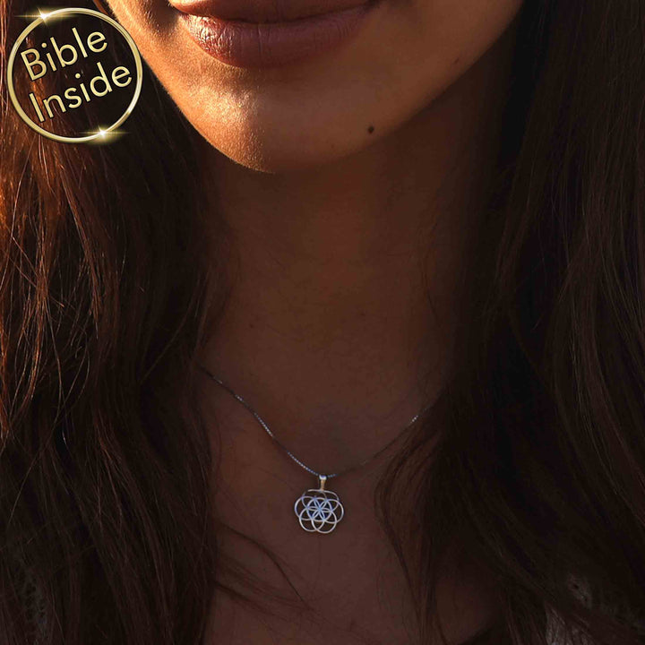 Seed of life nano Bible necklace, thoughtful Valentine's gift for fiance who loves faith jewelry
