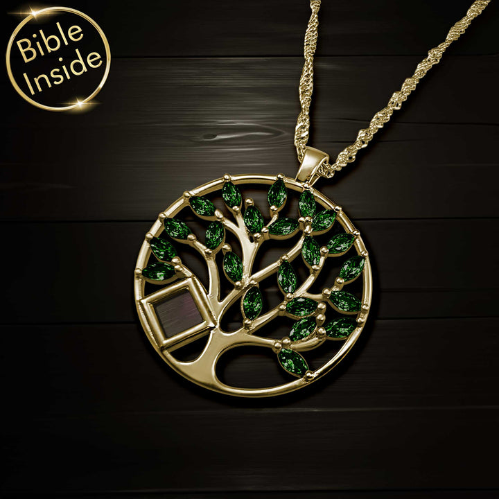 Valentine's present idea for her
stylish tree of life necklace with micro Bible chip.