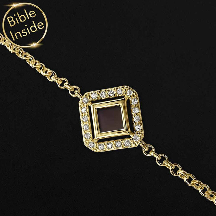 Gold rhombus bracelet featuring microchip Bible, perfect valentine gifts for wife