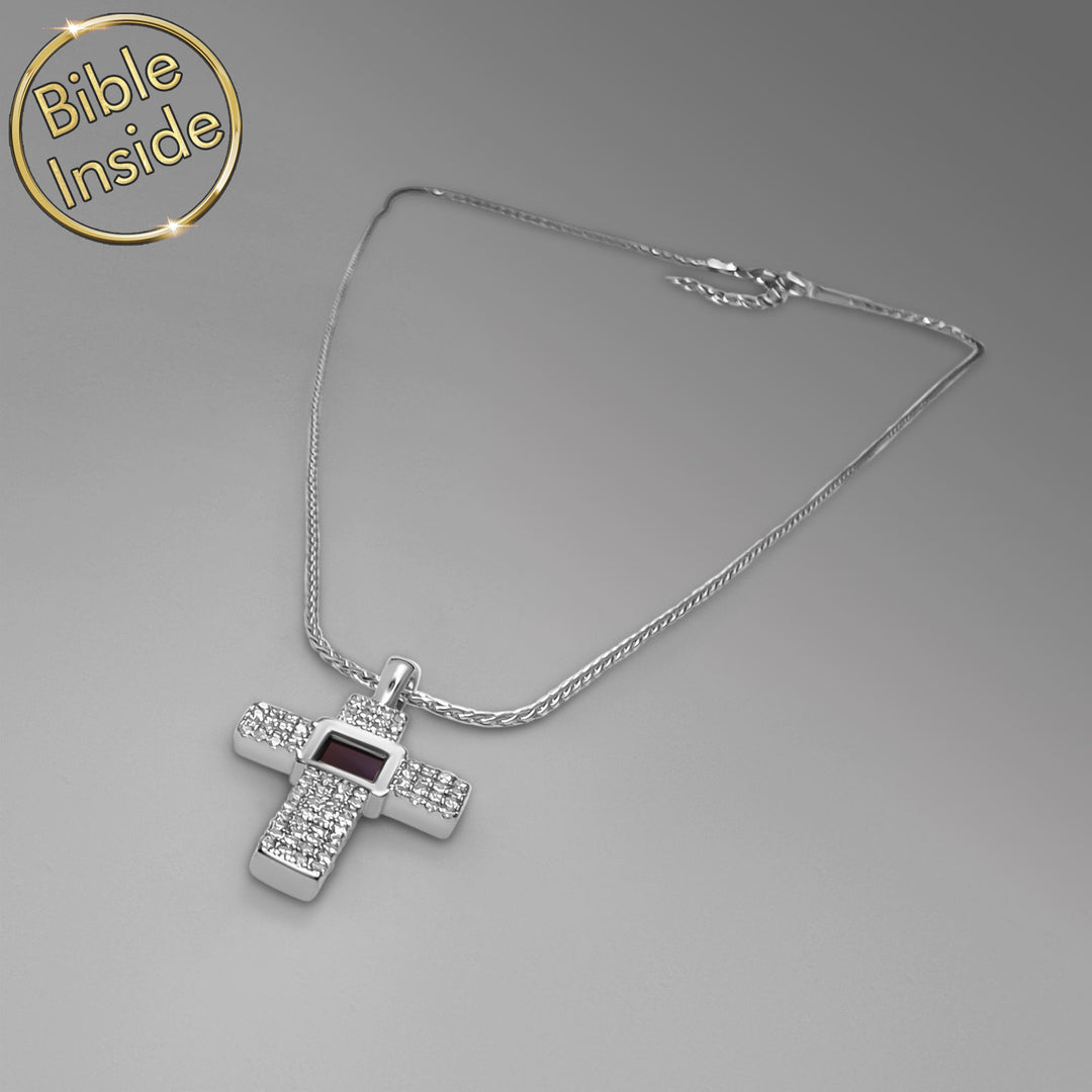 Cross necklace white gold chain with nano Bible chip – women's gift idea