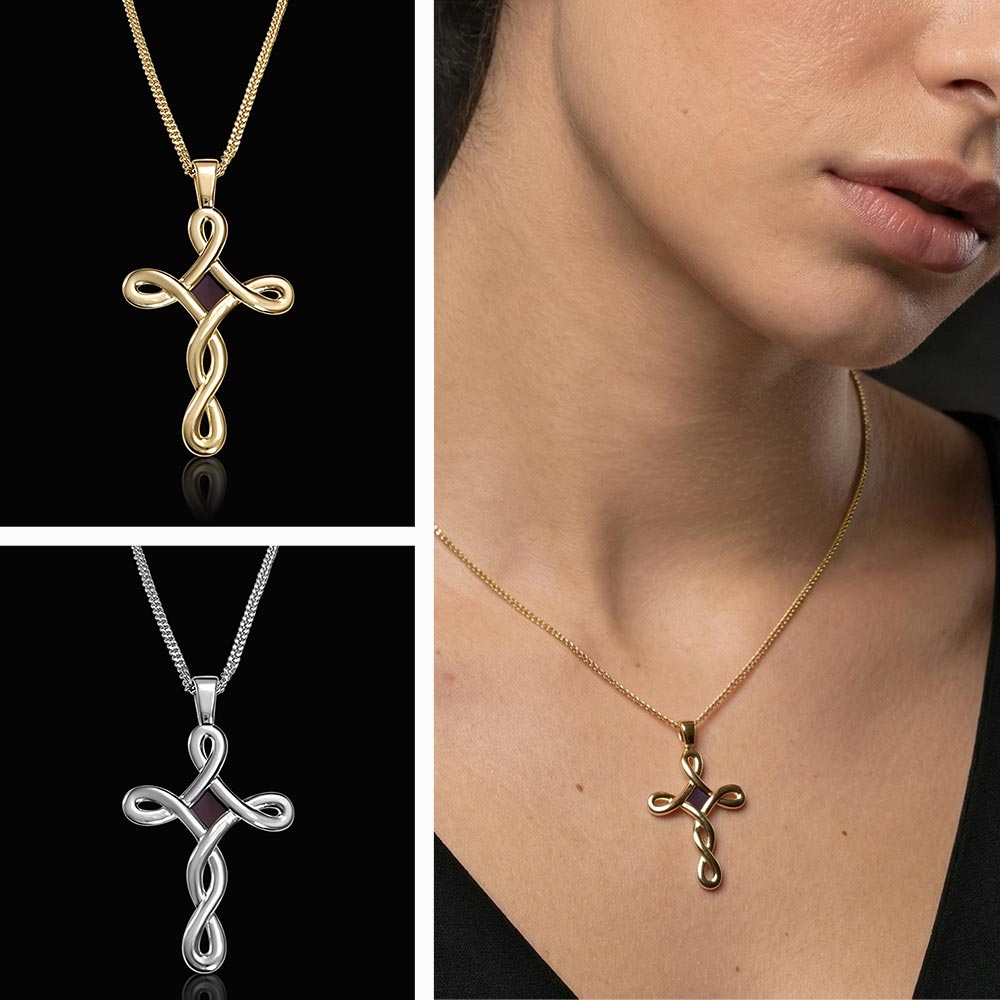 White gold cross necklace for women with engraved Nano Bible chip inside