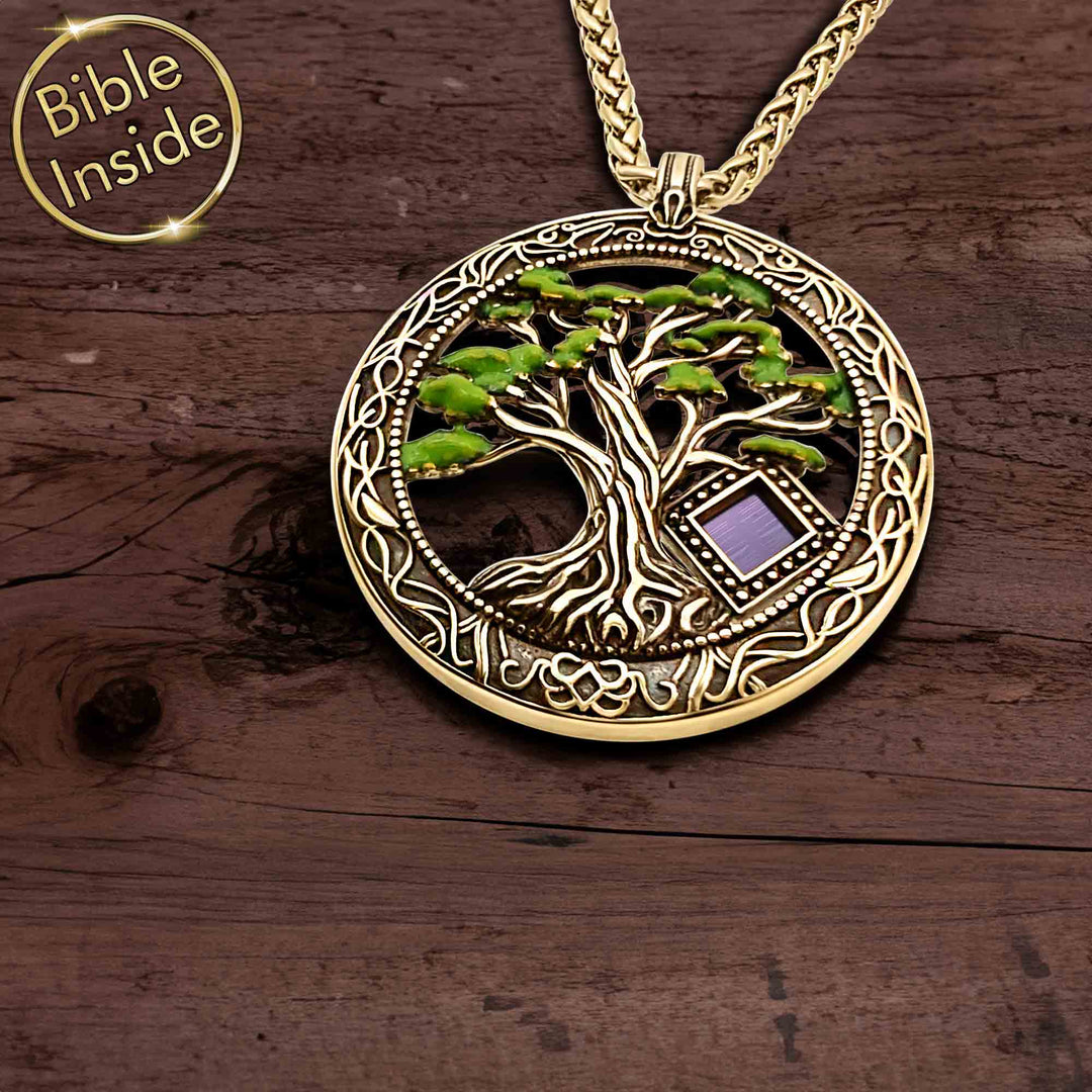 Christian necklace women's tree of life pendant with holy scripture