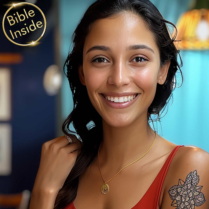 Unique jewelry for women combining Tree of Life and nano Bible innovation