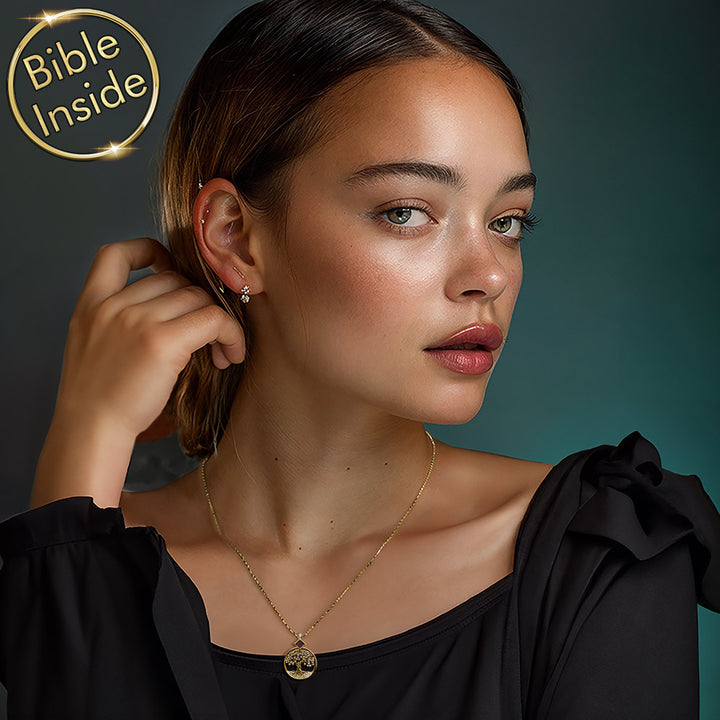 Gold tree of life jewelry for women featuring New Testament nano Bible