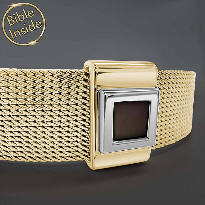 World's smallest Bible on bracelet with contemporary square symbol