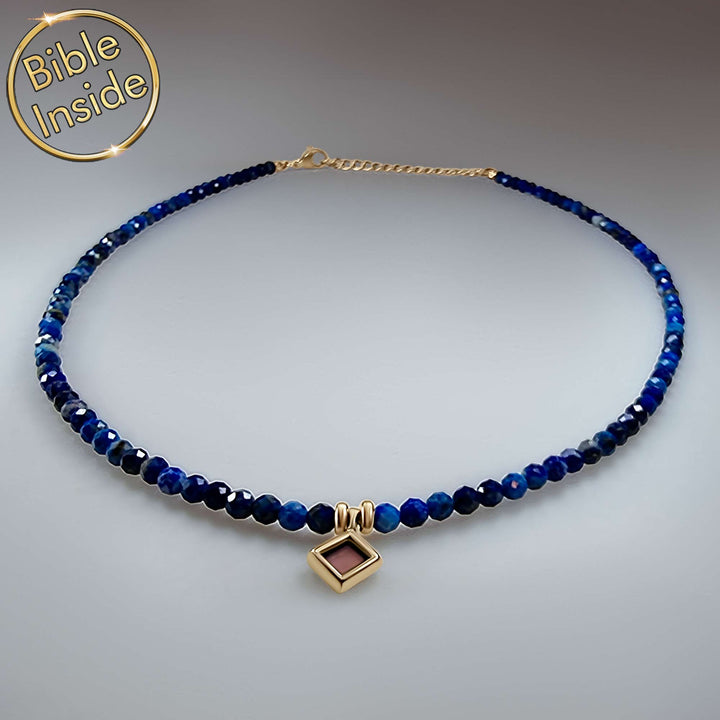 Christian pocket Bible necklace with blue lapis gemstone